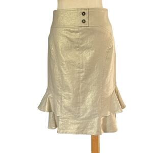 Cache Linen Blend Gold Metallic Lined Skirt Self Belt Tiered Ruffle New $98 NWT